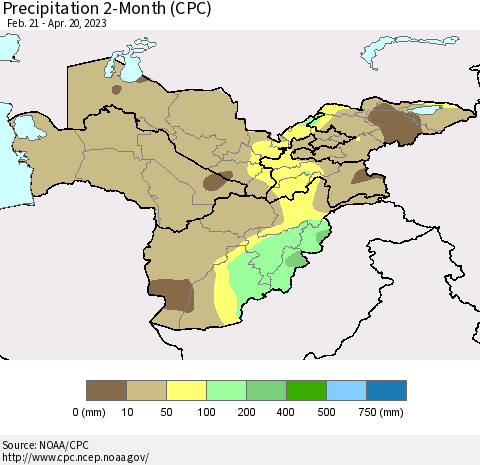 Central Asia Precipitation 2-Month (CPC) Thematic Map For 2/21/2023 - 4/20/2023