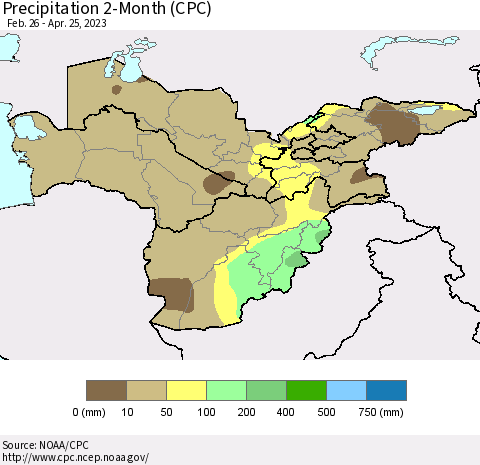 Central Asia Precipitation 2-Month (CPC) Thematic Map For 2/26/2023 - 4/25/2023