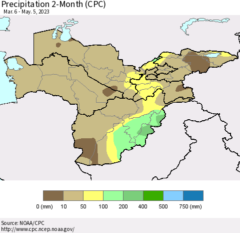 Central Asia Precipitation 2-Month (CPC) Thematic Map For 3/6/2023 - 5/5/2023