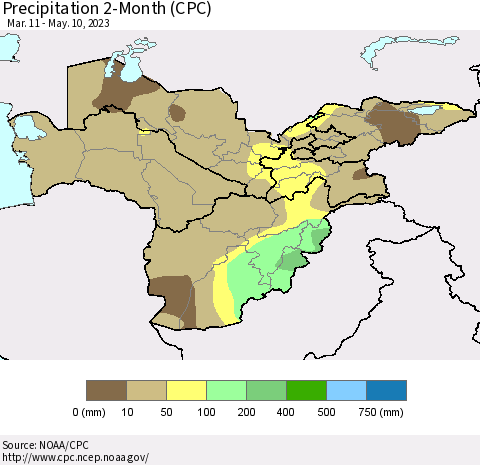 Central Asia Precipitation 2-Month (CPC) Thematic Map For 3/11/2023 - 5/10/2023