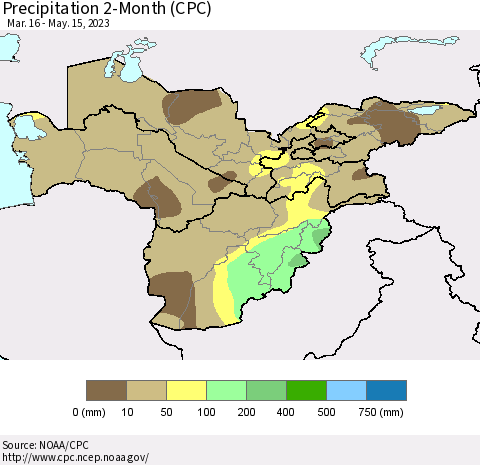 Central Asia Precipitation 2-Month (CPC) Thematic Map For 3/16/2023 - 5/15/2023
