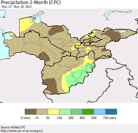 Central Asia Precipitation 2-Month (CPC) Thematic Map For 3/21/2023 - 5/20/2023