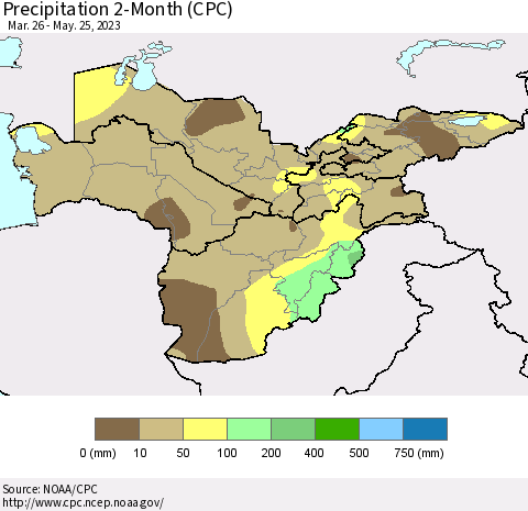 Central Asia Precipitation 2-Month (CPC) Thematic Map For 3/26/2023 - 5/25/2023