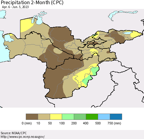 Central Asia Precipitation 2-Month (CPC) Thematic Map For 4/6/2023 - 6/5/2023