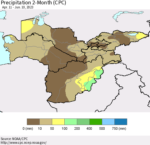 Central Asia Precipitation 2-Month (CPC) Thematic Map For 4/11/2023 - 6/10/2023