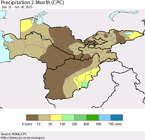 Central Asia Precipitation 2-Month (CPC) Thematic Map For 4/21/2023 - 6/20/2023