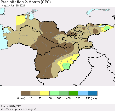 Central Asia Precipitation 2-Month (CPC) Thematic Map For 5/1/2023 - 6/30/2023