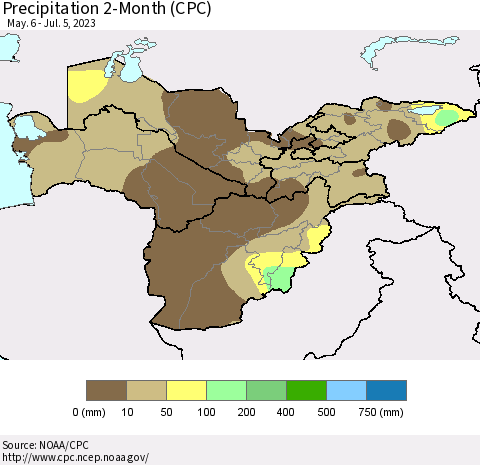 Central Asia Precipitation 2-Month (CPC) Thematic Map For 5/6/2023 - 7/5/2023
