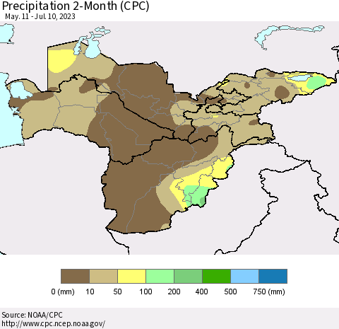 Central Asia Precipitation 2-Month (CPC) Thematic Map For 5/11/2023 - 7/10/2023