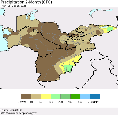 Central Asia Precipitation 2-Month (CPC) Thematic Map For 5/16/2023 - 7/15/2023