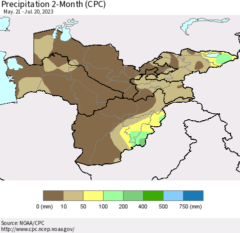 Central Asia Precipitation 2-Month (CPC) Thematic Map For 5/21/2023 - 7/20/2023