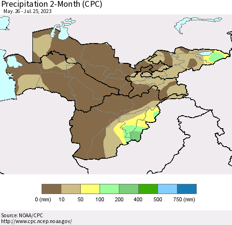 Central Asia Precipitation 2-Month (CPC) Thematic Map For 5/26/2023 - 7/25/2023