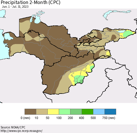 Central Asia Precipitation 2-Month (CPC) Thematic Map For 6/1/2023 - 7/31/2023