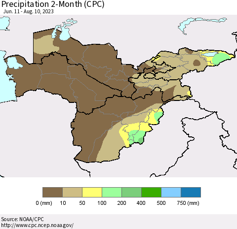 Central Asia Precipitation 2-Month (CPC) Thematic Map For 6/11/2023 - 8/10/2023