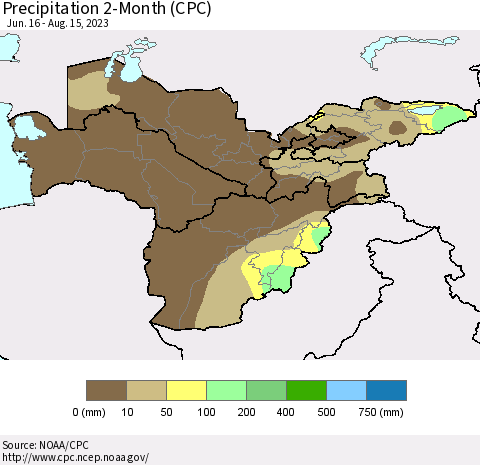 Central Asia Precipitation 2-Month (CPC) Thematic Map For 6/16/2023 - 8/15/2023