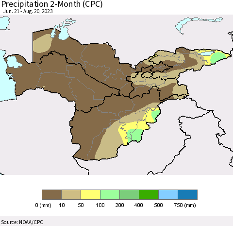 Central Asia Precipitation 2-Month (CPC) Thematic Map For 6/21/2023 - 8/20/2023