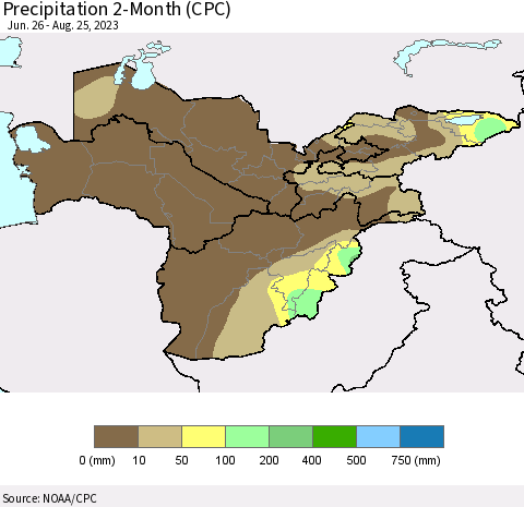 Central Asia Precipitation 2-Month (CPC) Thematic Map For 6/26/2023 - 8/25/2023