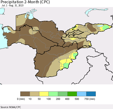 Central Asia Precipitation 2-Month (CPC) Thematic Map For 7/1/2023 - 8/31/2023