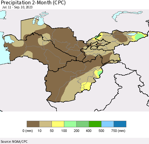 Central Asia Precipitation 2-Month (CPC) Thematic Map For 7/11/2023 - 9/10/2023
