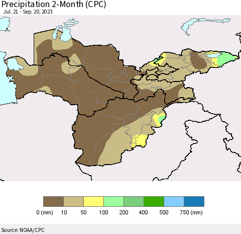 Central Asia Precipitation 2-Month (CPC) Thematic Map For 7/21/2023 - 9/20/2023