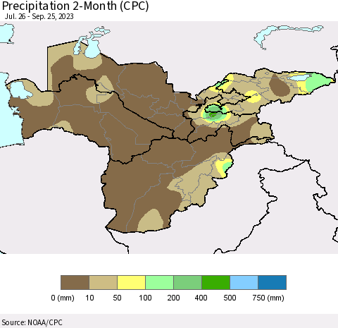 Central Asia Precipitation 2-Month (CPC) Thematic Map For 7/26/2023 - 9/25/2023