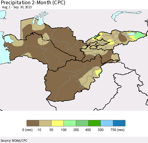 Central Asia Precipitation 2-Month (CPC) Thematic Map For 8/1/2023 - 9/30/2023