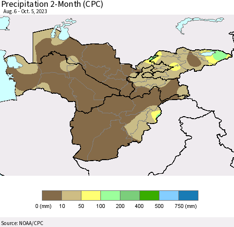 Central Asia Precipitation 2-Month (CPC) Thematic Map For 8/6/2023 - 10/5/2023