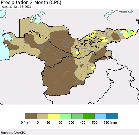 Central Asia Precipitation 2-Month (CPC) Thematic Map For 8/16/2023 - 10/15/2023
