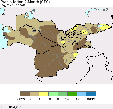 Central Asia Precipitation 2-Month (CPC) Thematic Map For 8/21/2023 - 10/20/2023