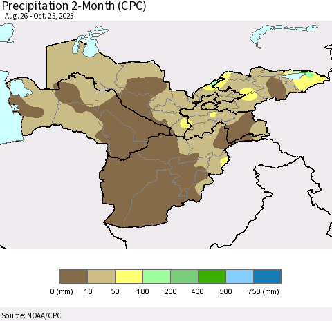 Central Asia Precipitation 2-Month (CPC) Thematic Map For 8/26/2023 - 10/25/2023