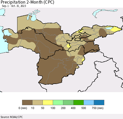 Central Asia Precipitation 2-Month (CPC) Thematic Map For 9/1/2023 - 10/31/2023