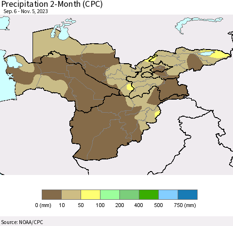 Central Asia Precipitation 2-Month (CPC) Thematic Map For 9/6/2023 - 11/5/2023