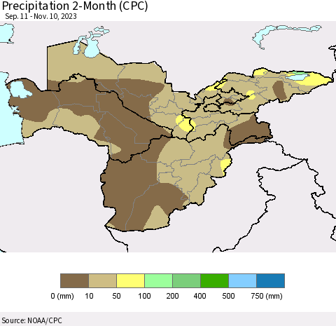 Central Asia Precipitation 2-Month (CPC) Thematic Map For 9/11/2023 - 11/10/2023