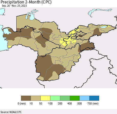 Central Asia Precipitation 2-Month (CPC) Thematic Map For 9/26/2023 - 11/25/2023