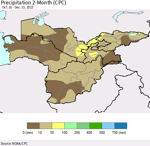 Central Asia Precipitation 2-Month (CPC) Thematic Map For 10/16/2023 - 12/15/2023