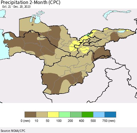 Central Asia Precipitation 2-Month (CPC) Thematic Map For 10/21/2023 - 12/20/2023