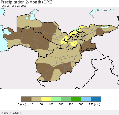 Central Asia Precipitation 2-Month (CPC) Thematic Map For 10/26/2023 - 12/25/2023