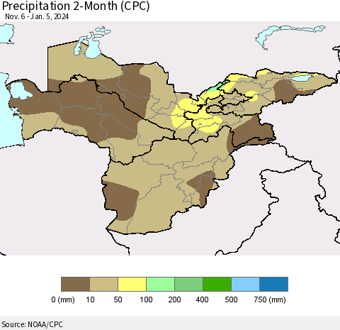 Central Asia Precipitation 2-Month (CPC) Thematic Map For 11/6/2023 - 1/5/2024