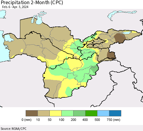 Central Asia Precipitation 2-Month (CPC) Thematic Map For 2/6/2024 - 4/5/2024