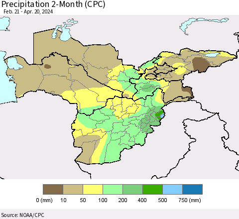 Central Asia Precipitation 2-Month (CPC) Thematic Map For 2/21/2024 - 4/20/2024