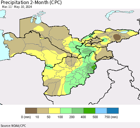 Central Asia Precipitation 2-Month (CPC) Thematic Map For 3/11/2024 - 5/10/2024