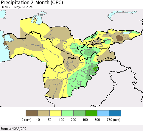 Central Asia Precipitation 2-Month (CPC) Thematic Map For 3/21/2024 - 5/20/2024