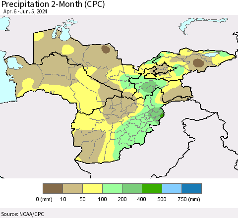 Central Asia Precipitation 2-Month (CPC) Thematic Map For 4/6/2024 - 6/5/2024