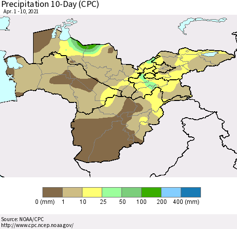 Central Asia Precipitation 10-Day (CPC) Thematic Map For 4/1/2021 - 4/10/2021