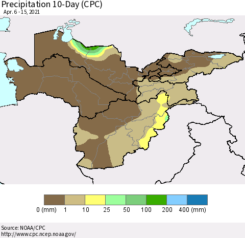 Central Asia Precipitation 10-Day (CPC) Thematic Map For 4/6/2021 - 4/15/2021