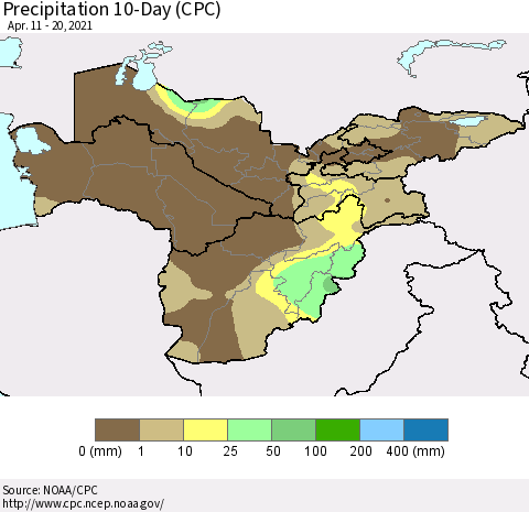 Central Asia Precipitation 10-Day (CPC) Thematic Map For 4/11/2021 - 4/20/2021