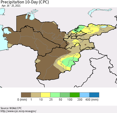 Central Asia Precipitation 10-Day (CPC) Thematic Map For 4/16/2021 - 4/25/2021