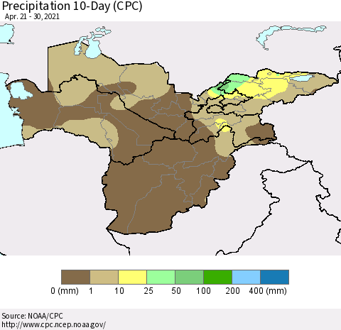 Central Asia Precipitation 10-Day (CPC) Thematic Map For 4/21/2021 - 4/30/2021