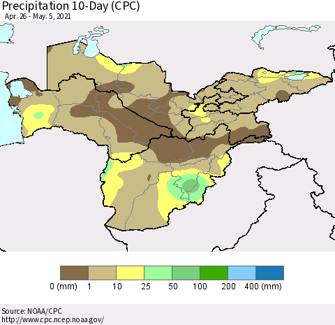 Central Asia Precipitation 10-Day (CPC) Thematic Map For 4/26/2021 - 5/5/2021