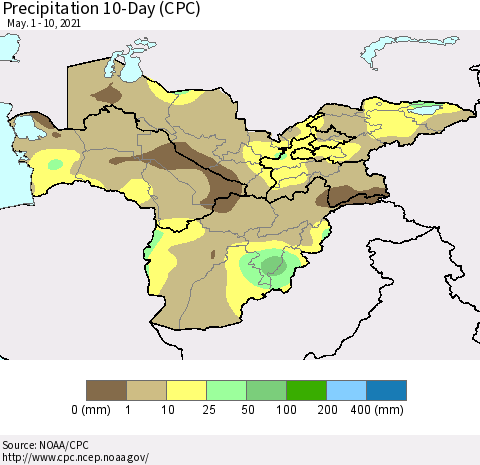 Central Asia Precipitation 10-Day (CPC) Thematic Map For 5/1/2021 - 5/10/2021